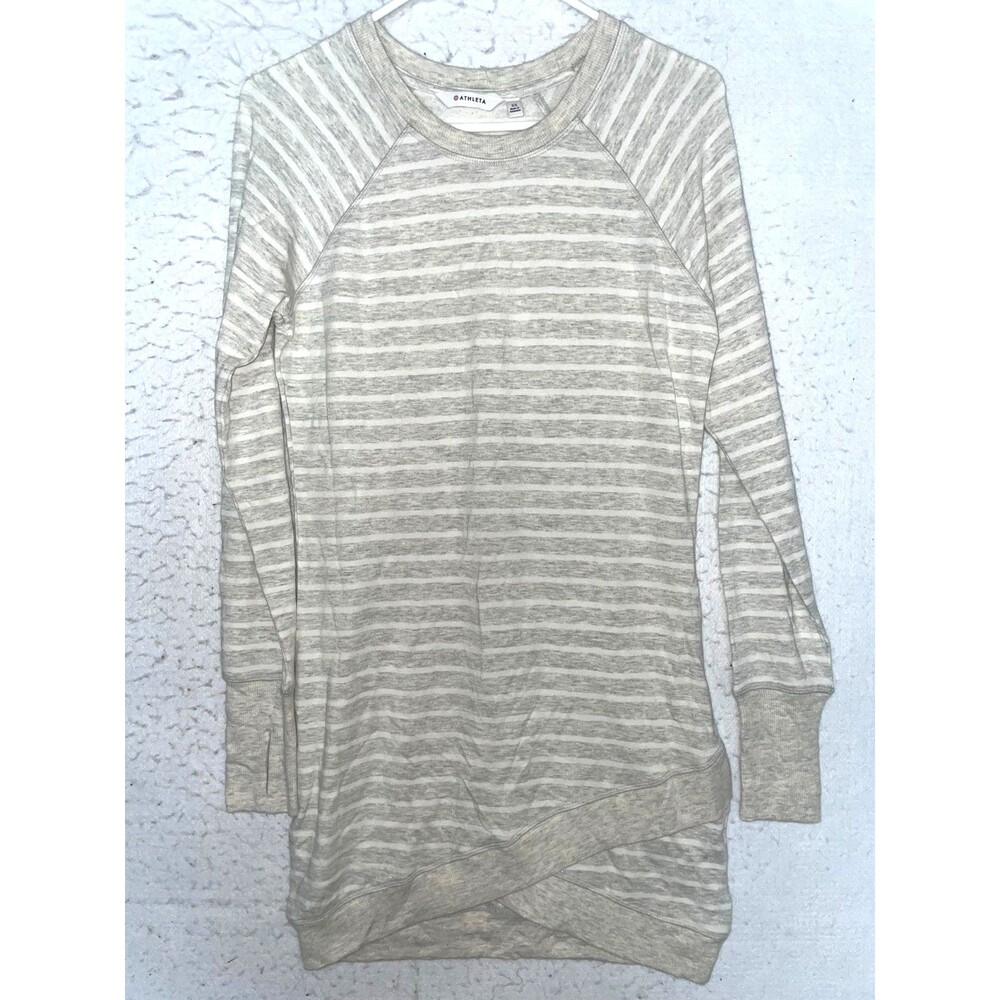 ATHLETA Criss Cross Sweatshirt Dress Long Sleeve Gray White Striped Women’s XS